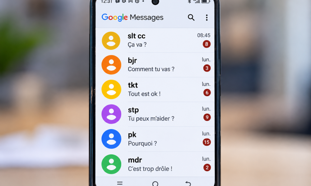 Téléphone affichant des exemples d’abréviations utilisées dans les messages, dont « slt cc », « bjr », « tkt », « stp », « pk » et « mdr »