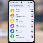 Téléphone affichant des exemples d’abréviations utilisées dans les messages, dont « slt cc », « bjr », « tkt », « stp », « pk » et « mdr »